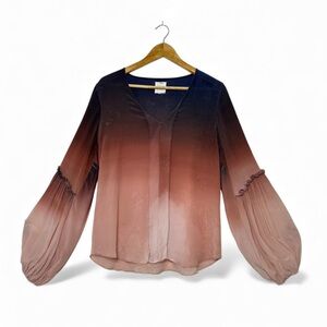 100% Silk TRYB  By Anthropologie Ombre V-Neck With Flowy Sleeves Blouse Size M
